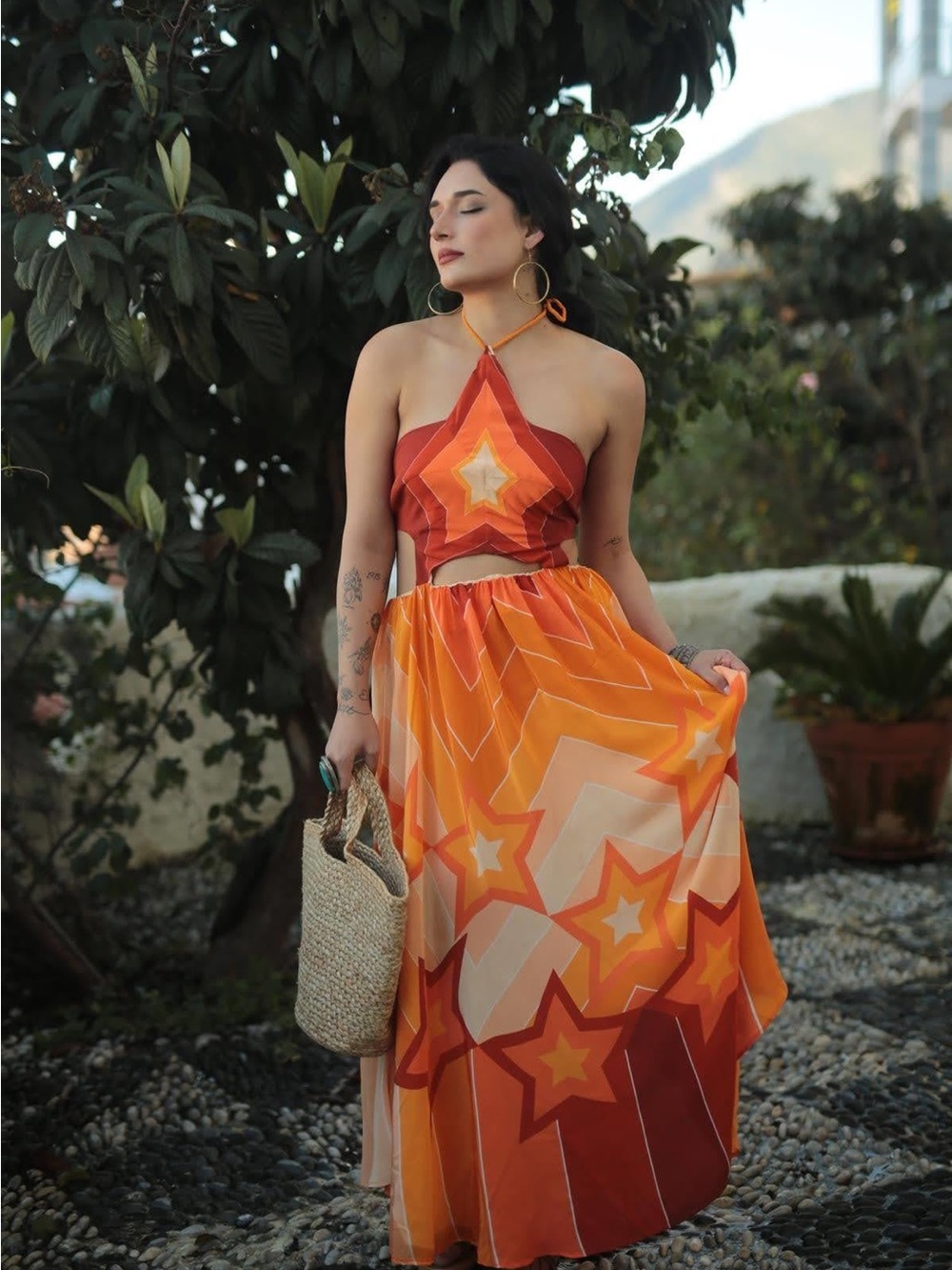 NWOT FARM Rio Orange and Yellow Star-Print Halter Maxi Dress - Picture 6 of 15